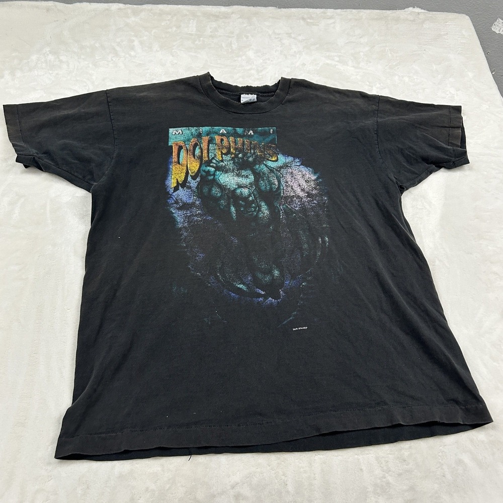 90s salem Miami Dolphins superhero shirt Mens XL Black Graphic Single Stitch NFL